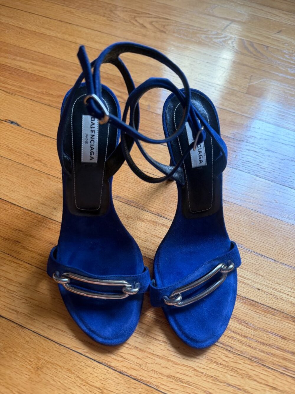 Balenciaga Electric Blue Suede Heels Silver Hardware Ankle Strap Sandal - Picture 4 of 9